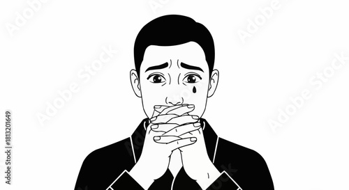 Distraught Man Crying with Hand Over Mouth.