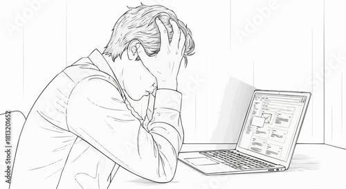Stressed man facing computer screen with hands on head.