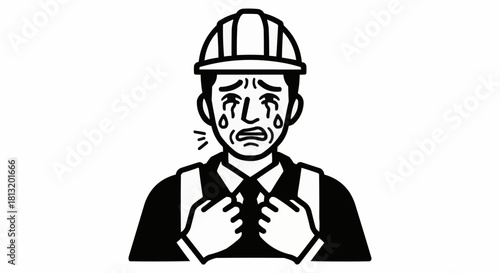Crying Construction Worker in Hard Hat Expressing Sadness.