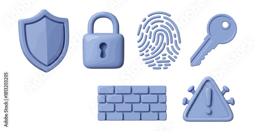 Security icons set on black background shield lock fingerprint key brick wall warning