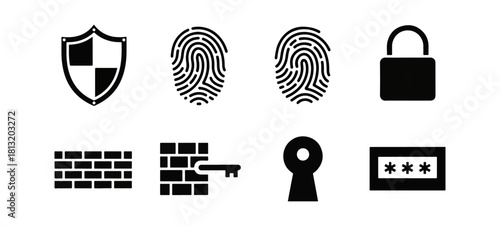 Security and protection icons in black and white