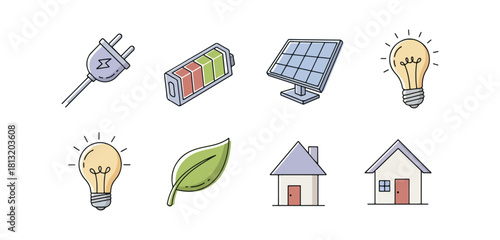 Energy efficiency and sustainable living icons set on black background
