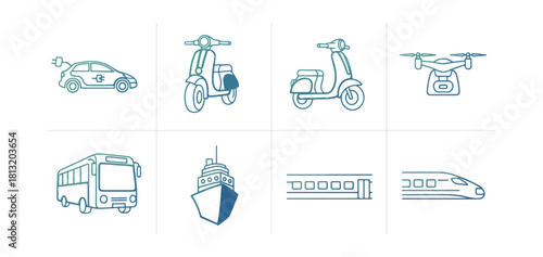 Transportation icons cars scooters drones buses ships trains and public transit