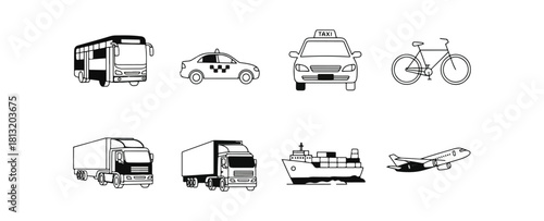 Transportation icons collection bus taxi bicycle truck ship and airplane