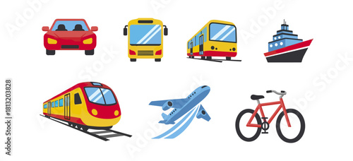 Transportation icons car bus train ship airplane bicycle vector illustration