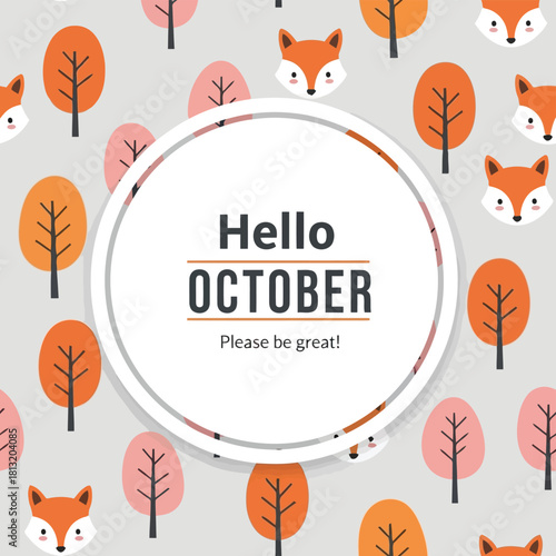 Cute fox and autumn tree pattern hello october seasonal greeting card design vector