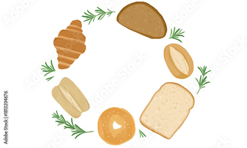 Circle frame of bread hand drawn vector illustration. Sliced bread, rye bread, wheat bread, whole grain bread, bagel, croissant. Wreath, copy space.