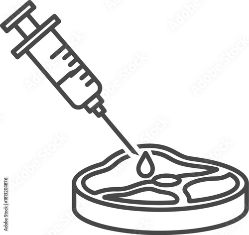Syringe injecting liquid into steak food innovation lab science medical agriculture biotechnology vector