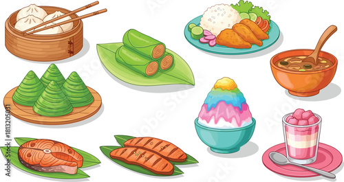 Asian food, traditional dishes, colorful desserts, dumplings, grilled fish, shaved ice, banana leaf meals, soup bowl, snack variety, illustration set