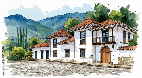 Charming watercolor illustration of a traditional house nestled in a picturesque mountain landscape, d