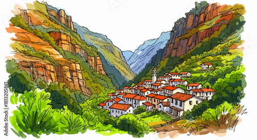 Watercolor Illustration of a Serene Village Nestled in a Mountain Valley Landscape