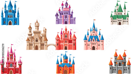 Cartoon castles, fantasy buildings, colorful towers, playful architecture, kids illustration, fairy tale design, magical structures, castle grid, whimsical art, storytelling icons