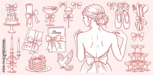 Elegant Celebration Elements Wedding Cake, Bows, Cocktails, Menu, and a Graceful Woman's Dress