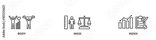 BMI banner vector illustration concept with icons of body, mass, index