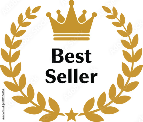 Golden crown laurel wreath best seller award emblem icon recognition prestige vector
