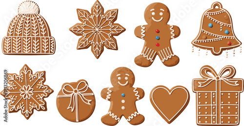 A festive assortment of traditional Christmas gingerbread cookies with detailed icing decorations, featuring various holiday shapes in a collection