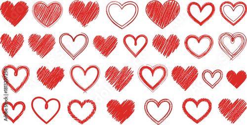 A large set of hand-drawn red heart icons with a scribble and sketch style. Romantic love symbols for Valentine's Day or wedding designs isolated on a white background