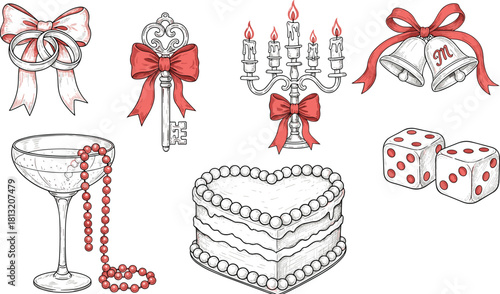 A collection of wedding and celebration icons including rings, key, cake, dice, necklace, and bells