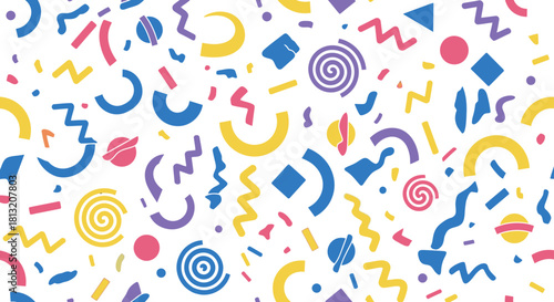 colorful memphis style seamless pattern abstract geometric shapes retro 80s 90s ideal for lively backgrounds and prints.