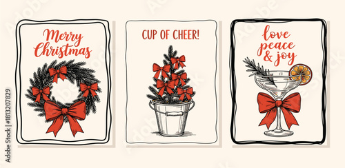 Charming hand-drawn Christmas card set featuring festive holiday greetings, a classic wreath, a decorated fir tree in a bucket, and a celebratory drink, evoking a warm vintage spirit
