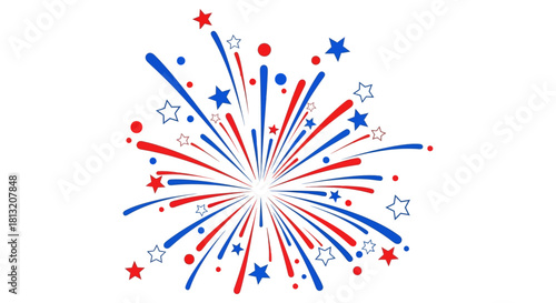 red white and blue fireworks explosion graphic with festive stars and dots on a clean white background perfect for independence day fourth of july and patriotic celebrations.