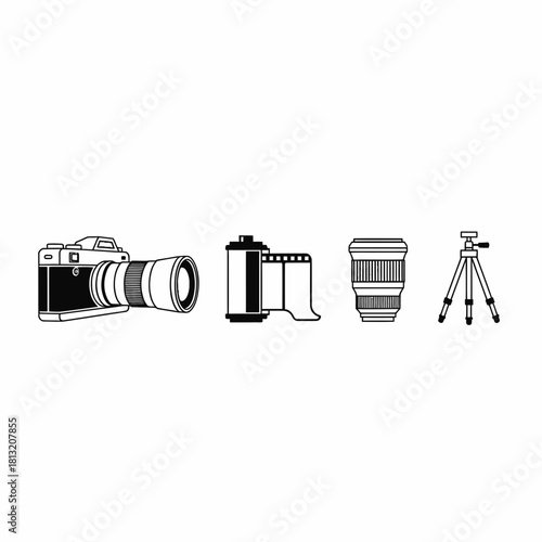 Capture every moment with this essential photography gear collection featuring a classic camera, film roll, professional lens, and stable tripod.