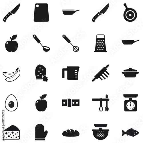 Essential kitchen tools and ingredients icons for culinary inspiration and cooking projects