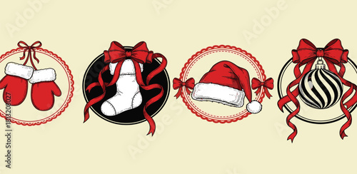 Festive Christmas Icon Collection Mittens, Stocking, Hat, Ornament - Holiday Graphic Elements