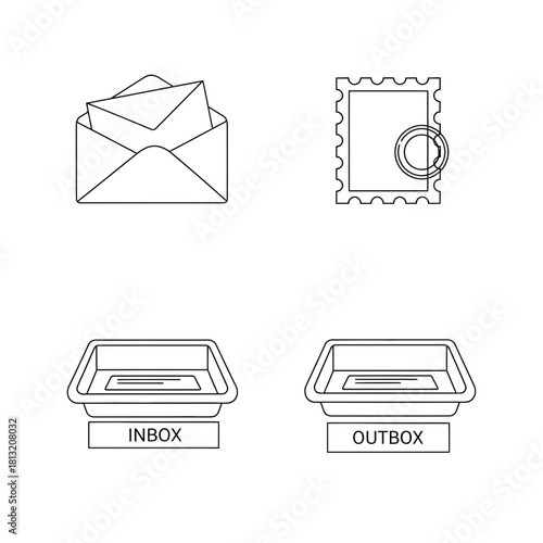 Modern communication icons featuring envelopes inbox outbox and postage stamp perfect for business marketing and digital messaging