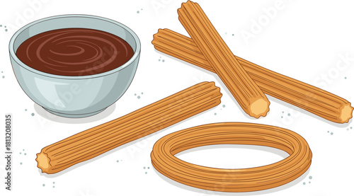 Churros snack, chocolate dip, fried pastry, dessert plate, sweet treat, golden texture, Spanish food, crispy dough, snack illustration, tasty combo