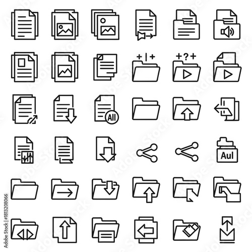 Modern collection of digital file and folder icons representing organization, storage, sharing, and data management tasks
