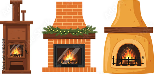 A charming collection of isolated fireplace illustrations, featuring brick, cast iron, and adobe styles with burning fires