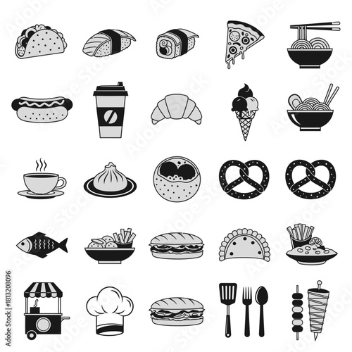 Culinary icons collection featuring diverse global cuisine and cafe favorites for vibrant marketing and design projects
