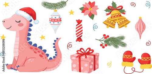 Adorable Pink Dinosaur Wearing a Santa Hat, Surrounded by Festive Christmas Decorations like Ornaments, Bells, and Gifts