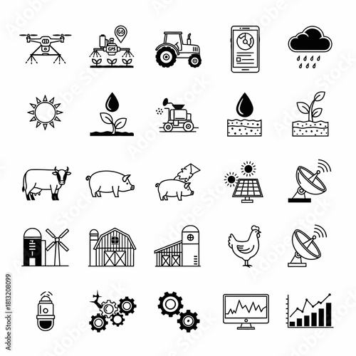 Innovative agricultural technology icons showcasing smart farming solutions for modern agribusiness operations and sustainable growth