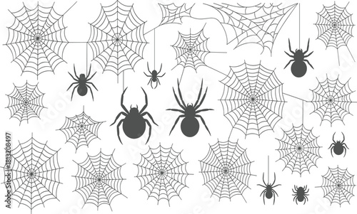 Spider web, spooky spider, creepy insect, halloween decoration, horror design, scary element, gothic style, dark background, arachnid pattern, vector illustration