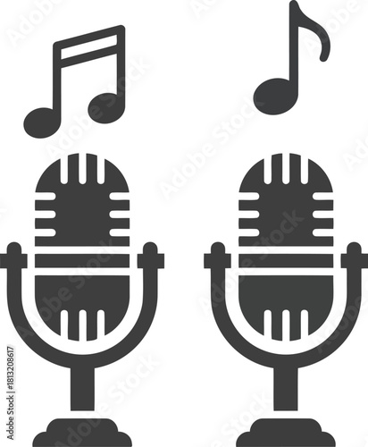 Retro microphones music notes duo performance audio recording studio vintage broadcast sound technology vector