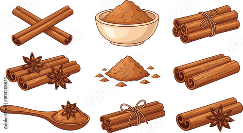 Cinnamon sticks, ground spice, star anise, herbal seasoning, cooking ingredient, aromatic blend, culinary illustration, spice set, natural flavor, kitchen art