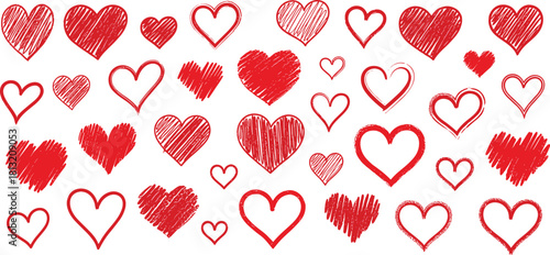 A charming pattern of diverse hand-drawn red heart illustrations, with mixed textured and outlined styles, symbolizing love, affection, and romance for heartfelt design projects