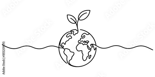Continuous line drawing of planet earth with a vibrant plant sprout growing, symbolizing global ecology, sustainability, and environmental growth concept.