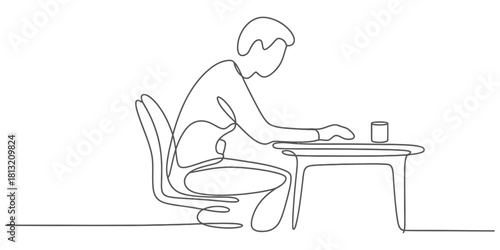 Continuous line drawing of a person sitting at a desk, working or studying. minimalist vector illustration for productivity and modern daily life.