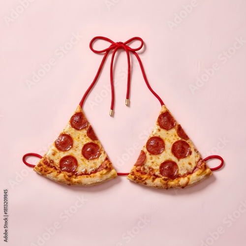Wallpaper Mural Humorous pepperoni pizza slices arranged as a bikini top with red strings on a pink background. Torontodigital.ca