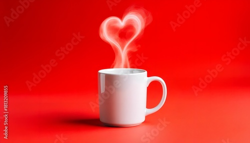 Wallpaper Mural White coffee mug with heart-shaped steam rising on a vibrant red background. Torontodigital.ca