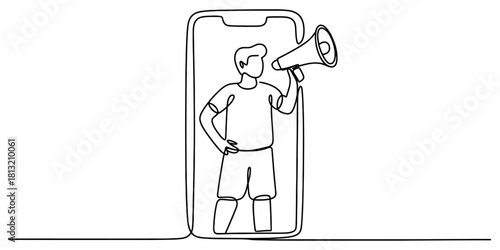 Continuous line drawing of a man with a megaphone inside a smartphone, symbolizing mobile marketing, digital announcement, and online promotion campaign.