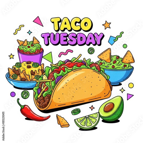 Colorful and playful taco tuesday feast illustration with various mexican delicacies
