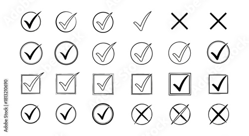 Hand Drawn Checkmarks and Crosses Icons Set Yes No Approved Rejected Symbols