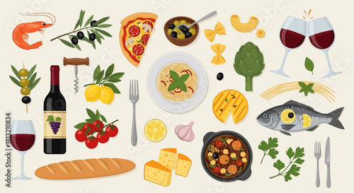 Delicious Mediterranean Food and Drink Assortment Italian Cuisine Elements for Culinary Themes