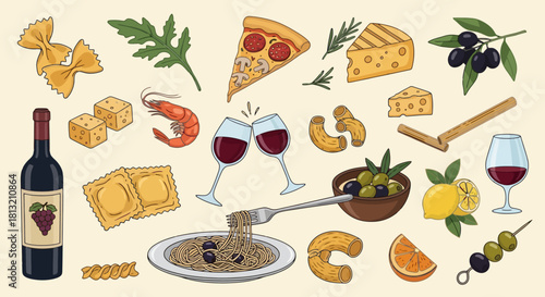 Delicious Italian Food and Wine Assortment Rich Flavors and Culinary Delights