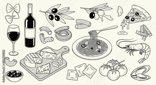 Delicious Food Ingredients and Dishes Collection Hand Drawn Style