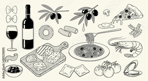 Hand Drawn Italian Food Assortment Pasta Cheese Wine Olives Pizza Culinary Delights Clip Art